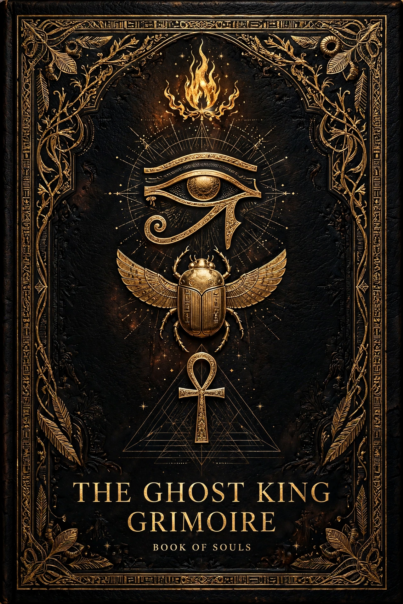 The Ghost King Grimoire — black and gold book cover with the Eye of Heru, winged scarab and ankh