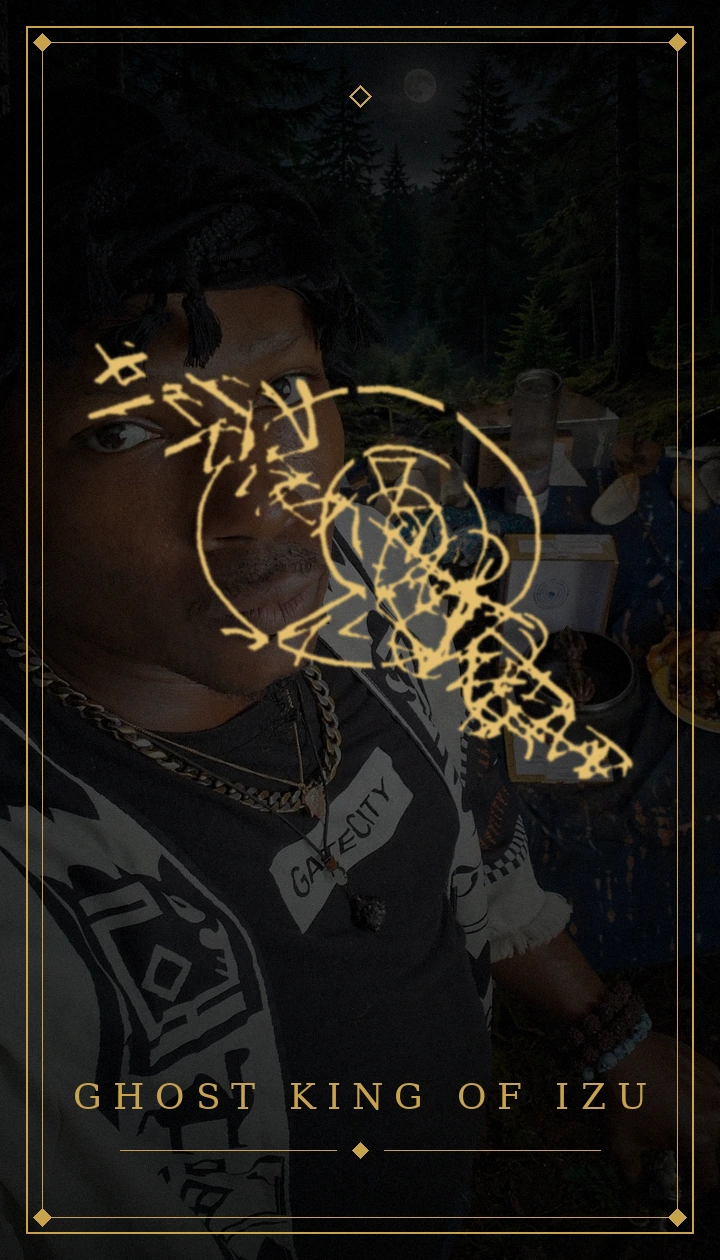Ghost King of Izu tarot card bearing his personal sigil in gold